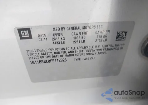 2015 Chevrolet Malibu Ls z USA, uszkodzony, nr VIN 1G11B5SL8FF112823